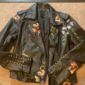 BLANKNYC Floral Embroidered Faux Leather Jacket